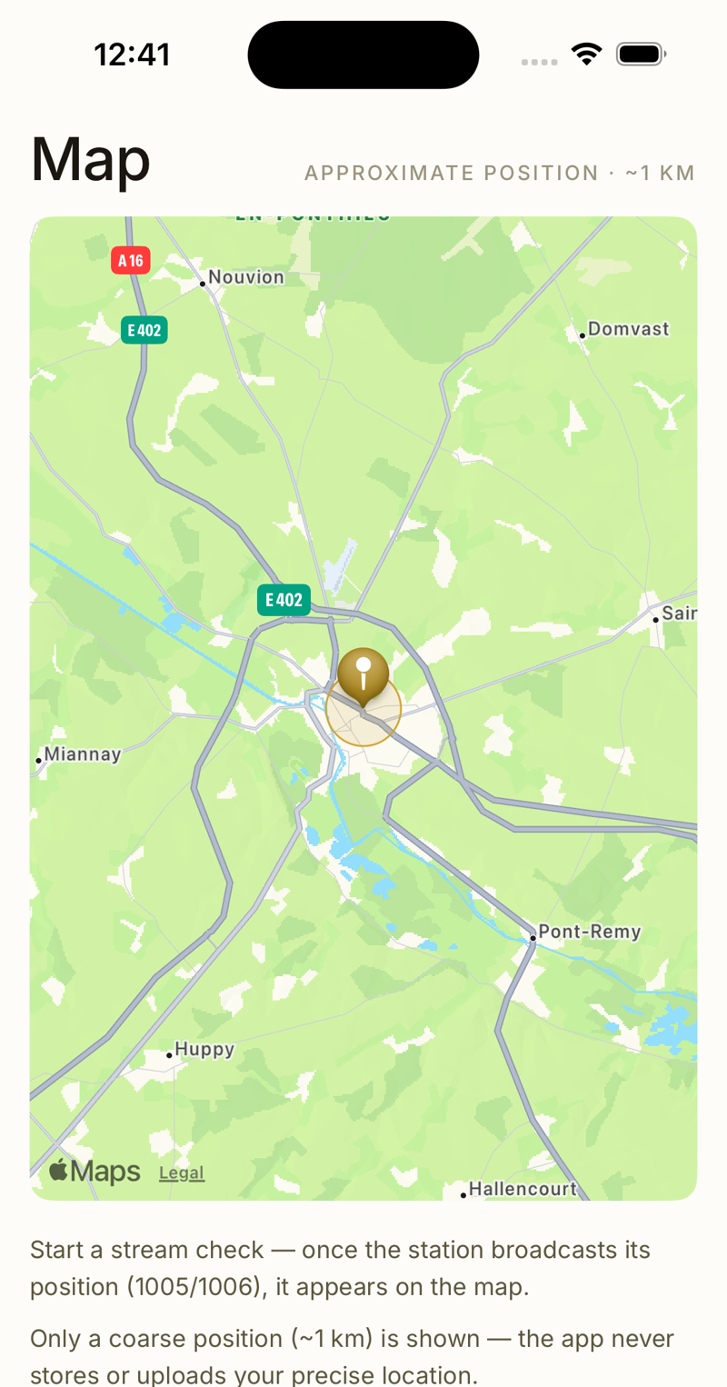 Map — reference station, baseline distance and approximate position