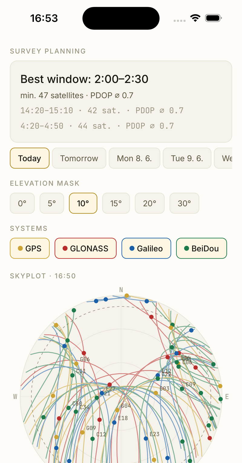 Survey planner — best window of the day, skyplot and visible satellites for a chosen spot