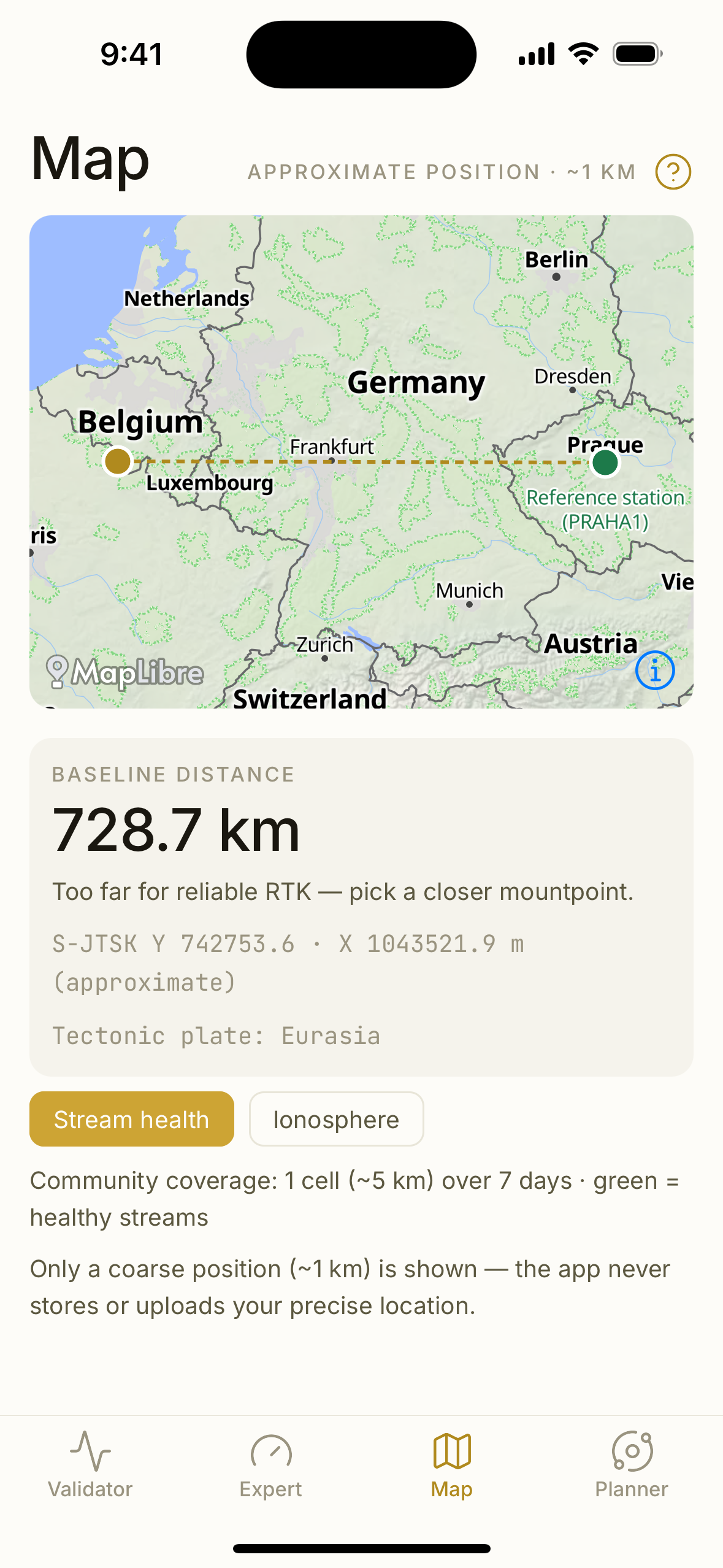 Map — reference station, baseline distance and approximate position
