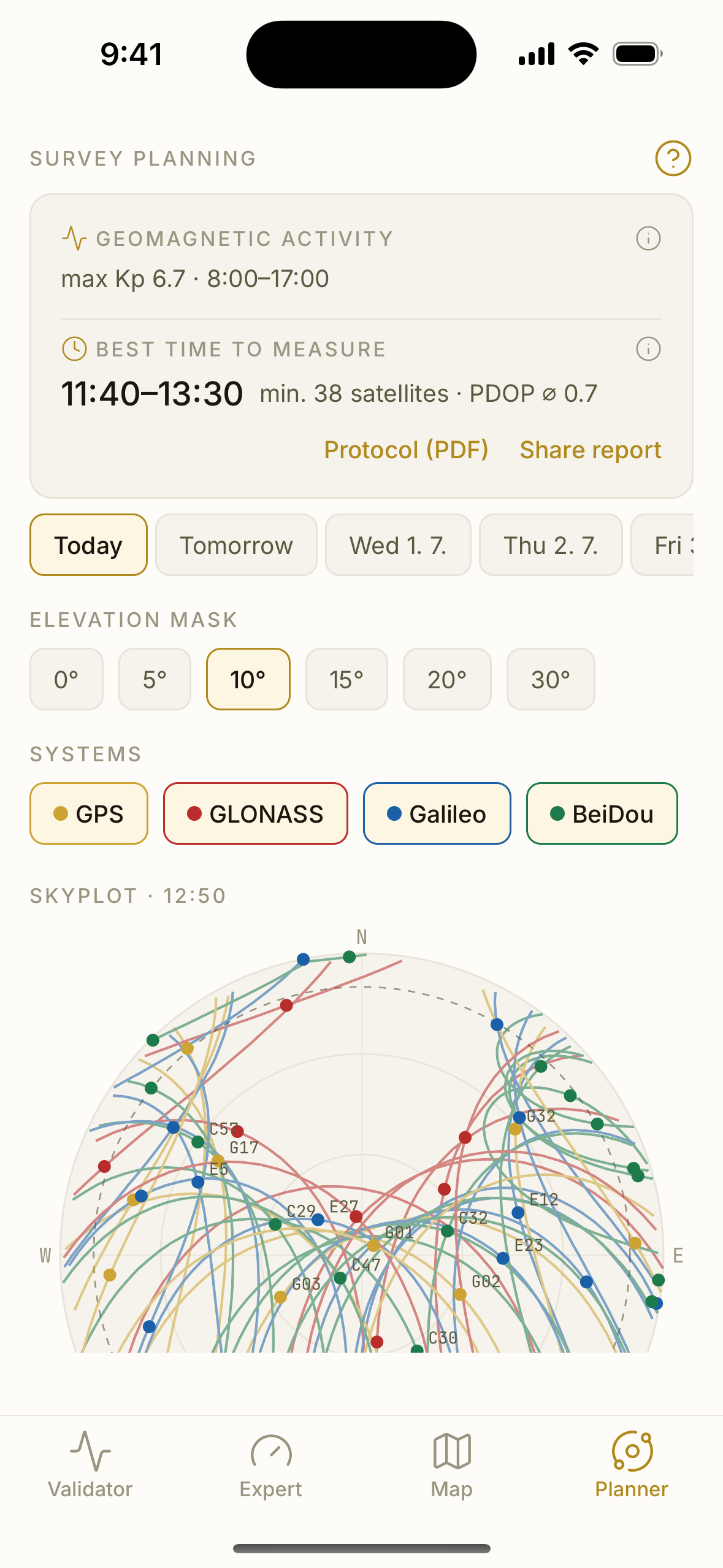 Survey planner — best window of the day, skyplot and visible satellites for a chosen spot