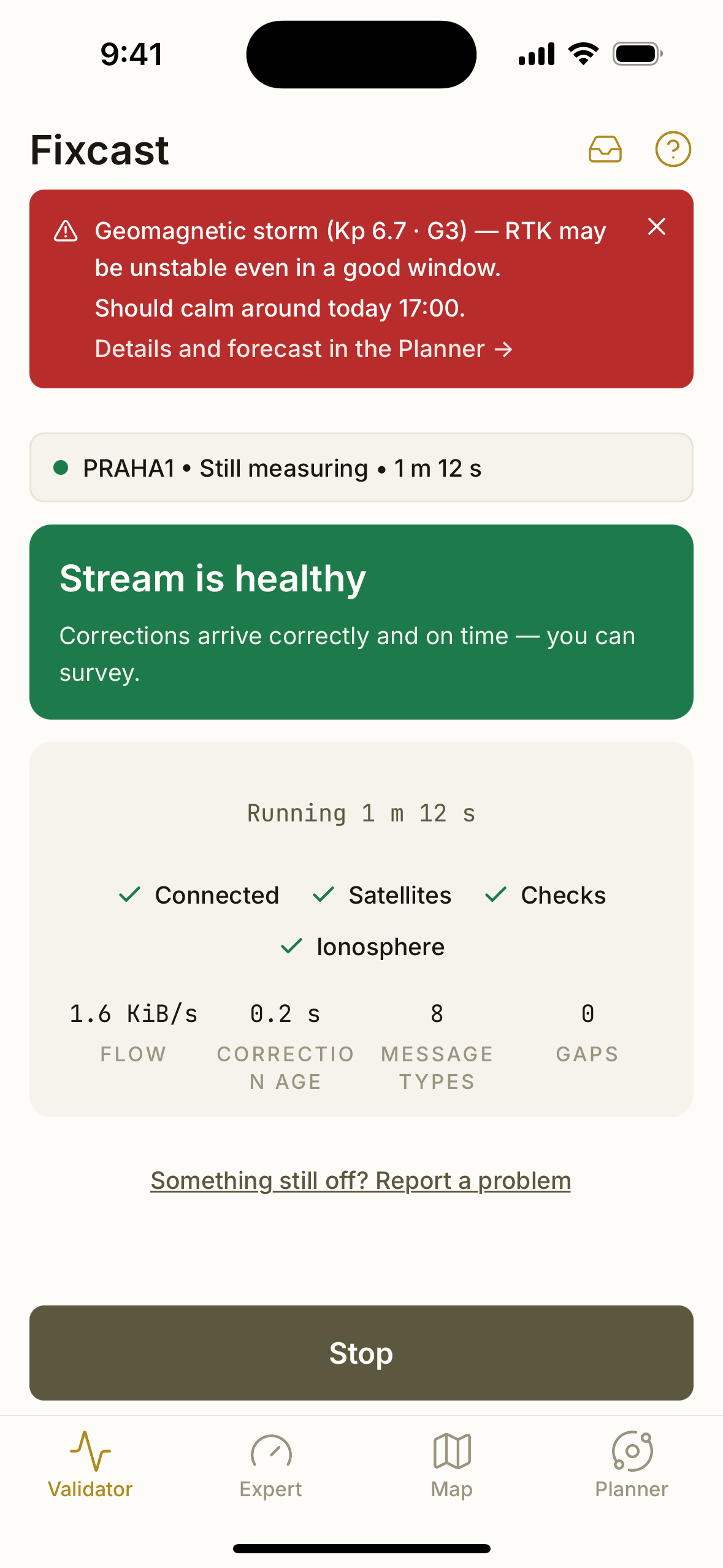 Validator — healthy stream with a verdict and reference station satellites
